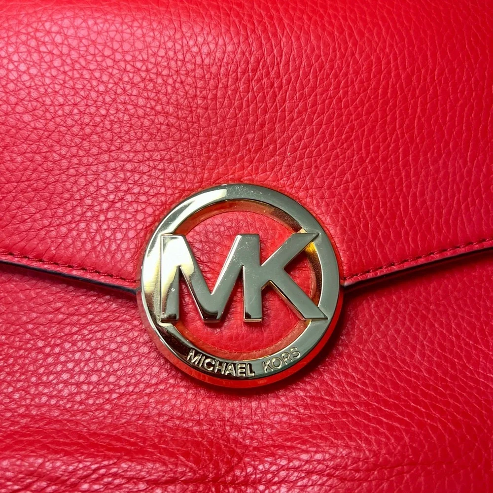 Michael Kors Red Leather Small Top Handle Satchel / Crossbody Bag Gold MK Logo